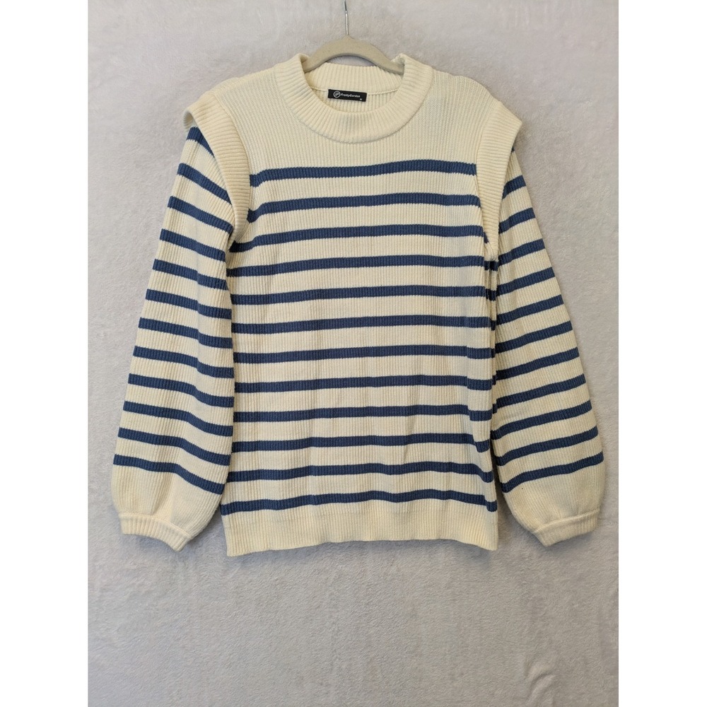PrettyGarden Womens Navy Striped Cap Shoulder Balloon Sleeve Sweater M